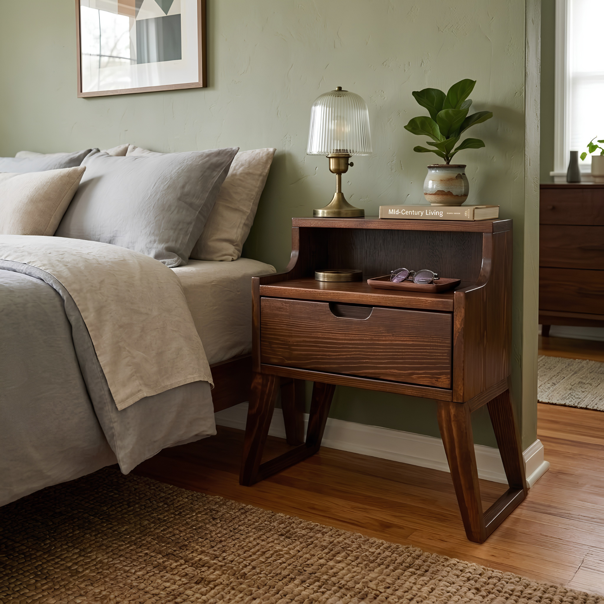 Modern nightstand, wooden side table with a drawer and open shelf for the bedroom