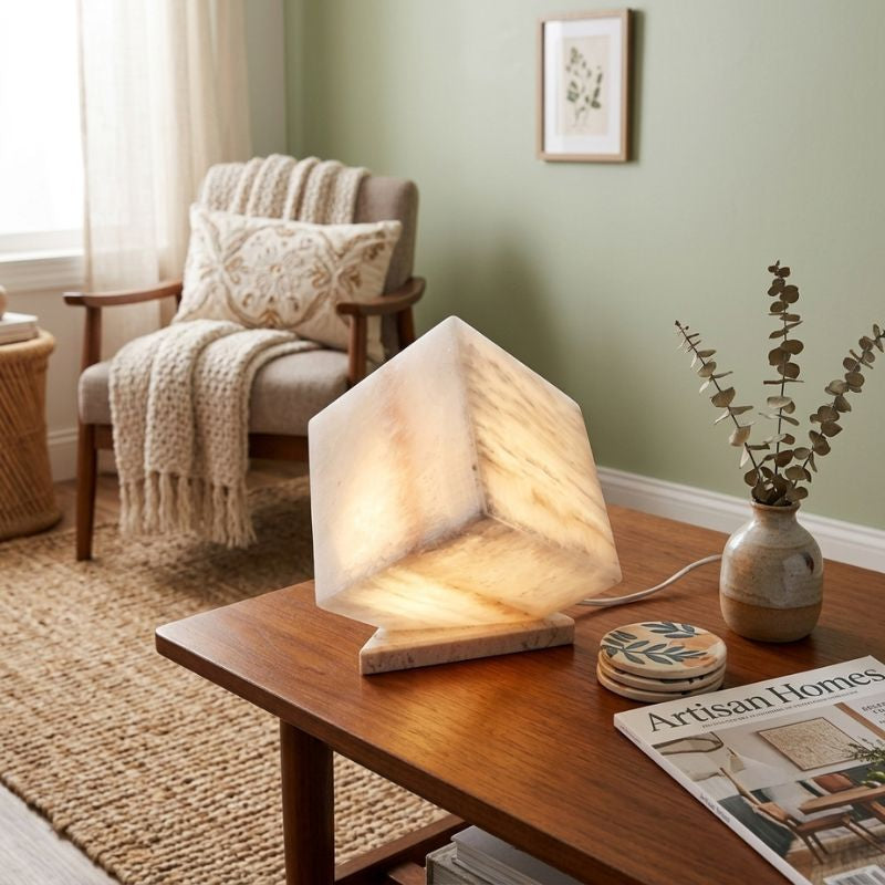 Handmade Travertine Stone Desk Lamp | Modern Ambient Lighting for Living Room, Bedroom & Office