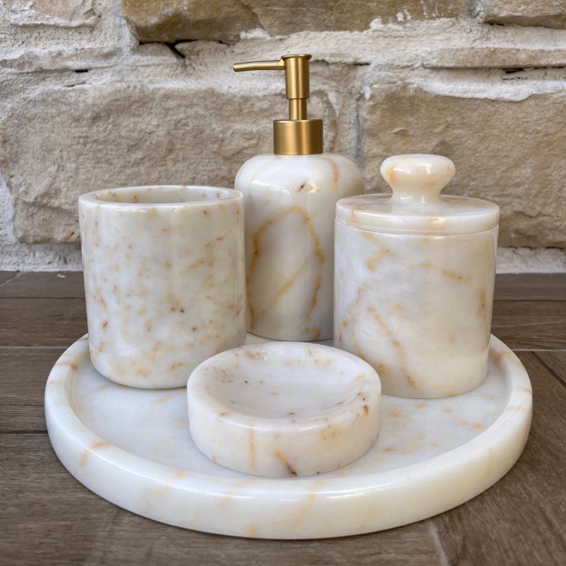 Handmade Natural Marble Bathroom Accessories Set – 5 Pieces