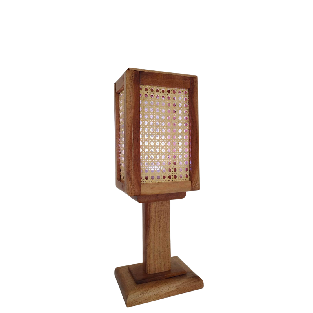 Handmade Wood Table Lamp with Natural Rattan