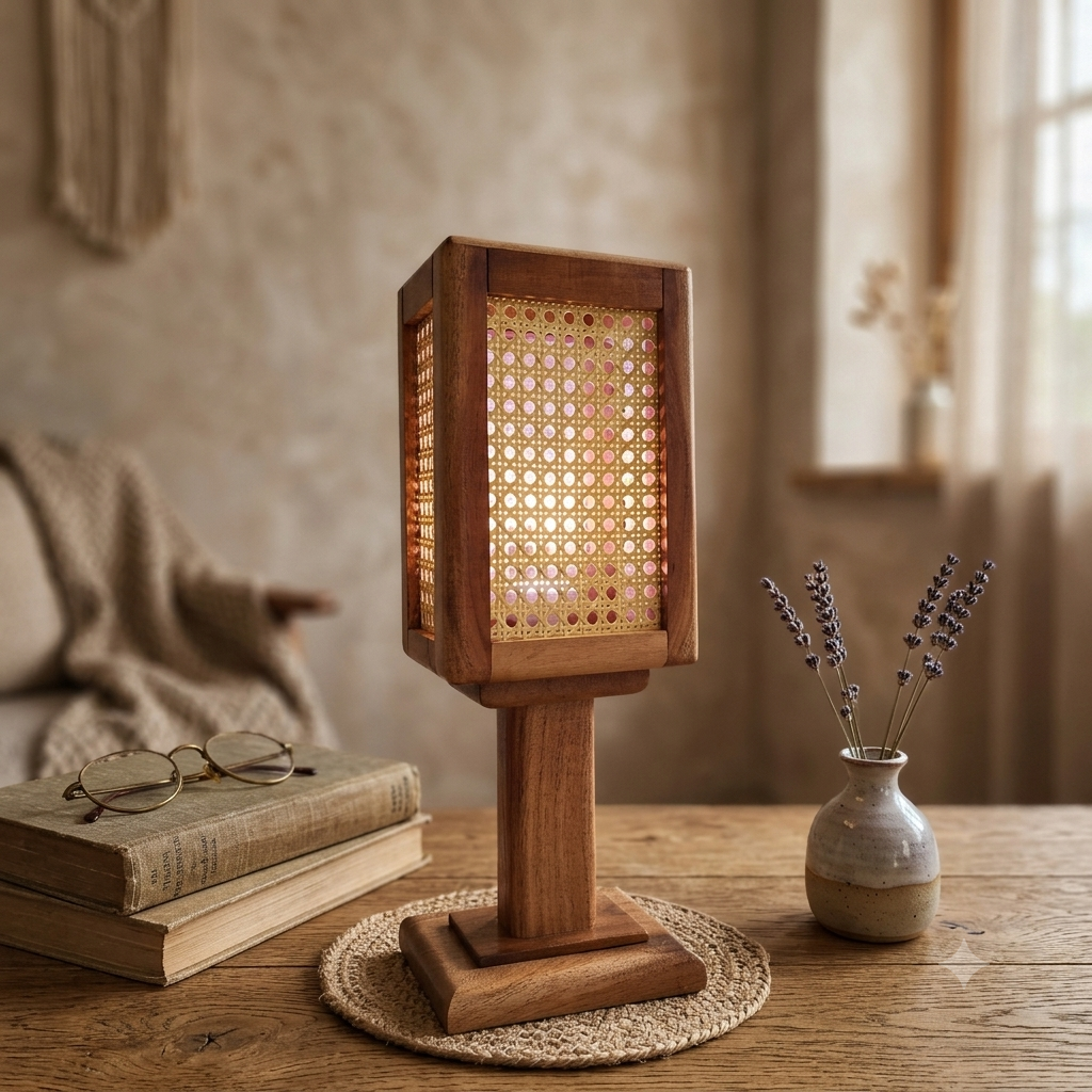 Handmade Wood Table Lamp with Natural Rattan
