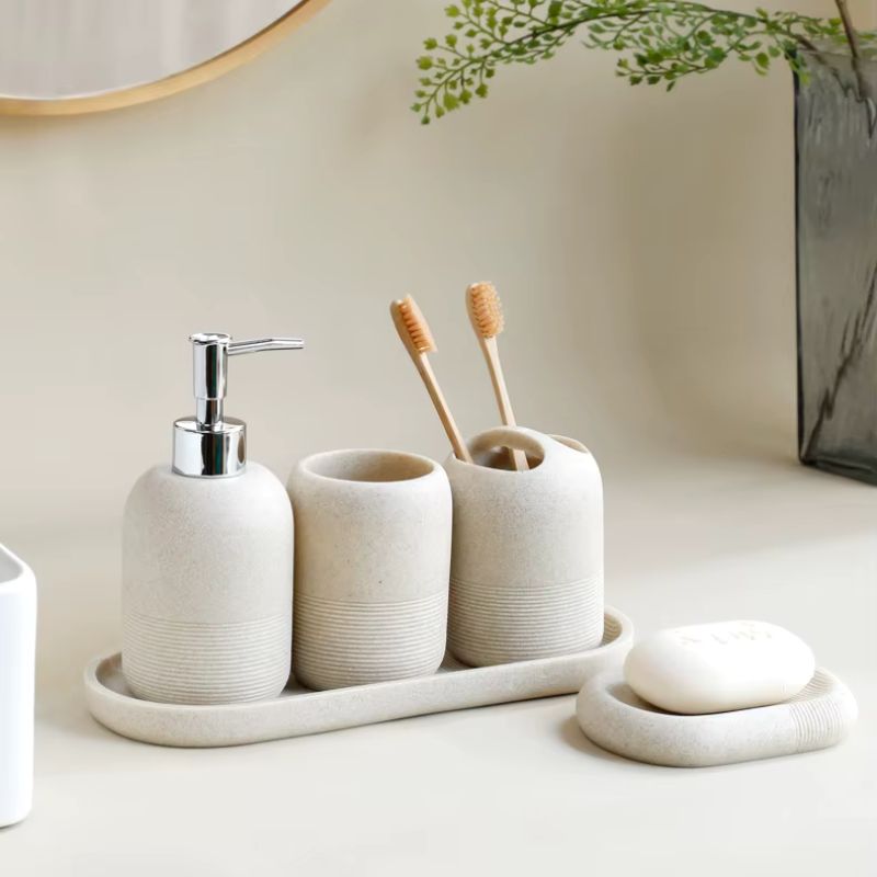 Luxury 5-Piece Polyresin Bathroom Ensemble – Neutral Beige & Grey Vanity Set