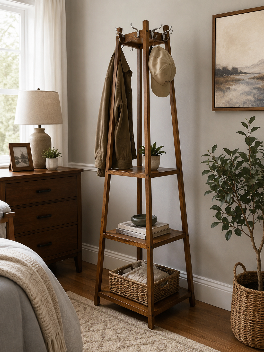 Solid Wood Coat Rack with Shelves – Modern Entryway Organizer