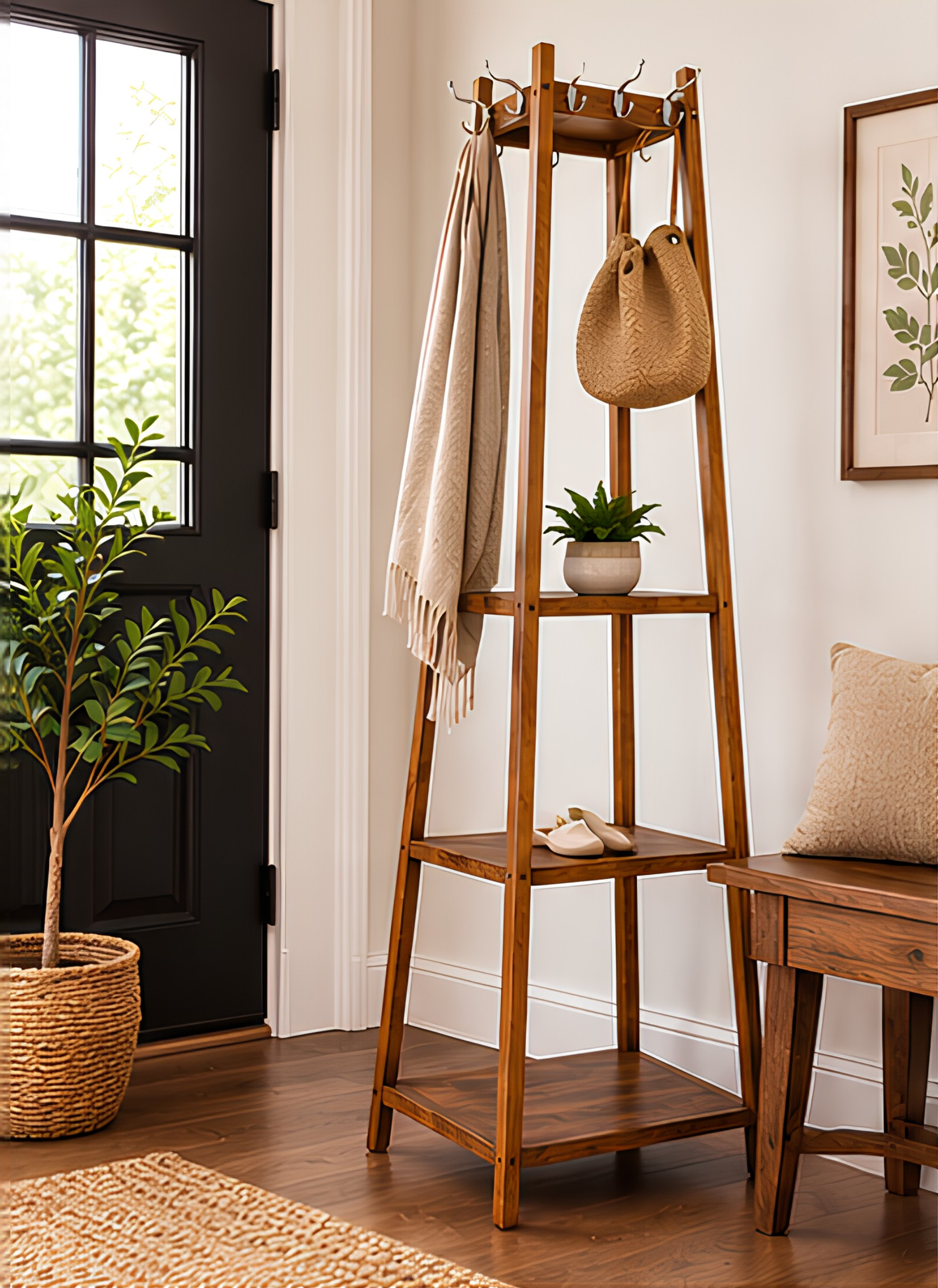 Solid Wood Coat Rack with Shelves – Modern Entryway Organizer