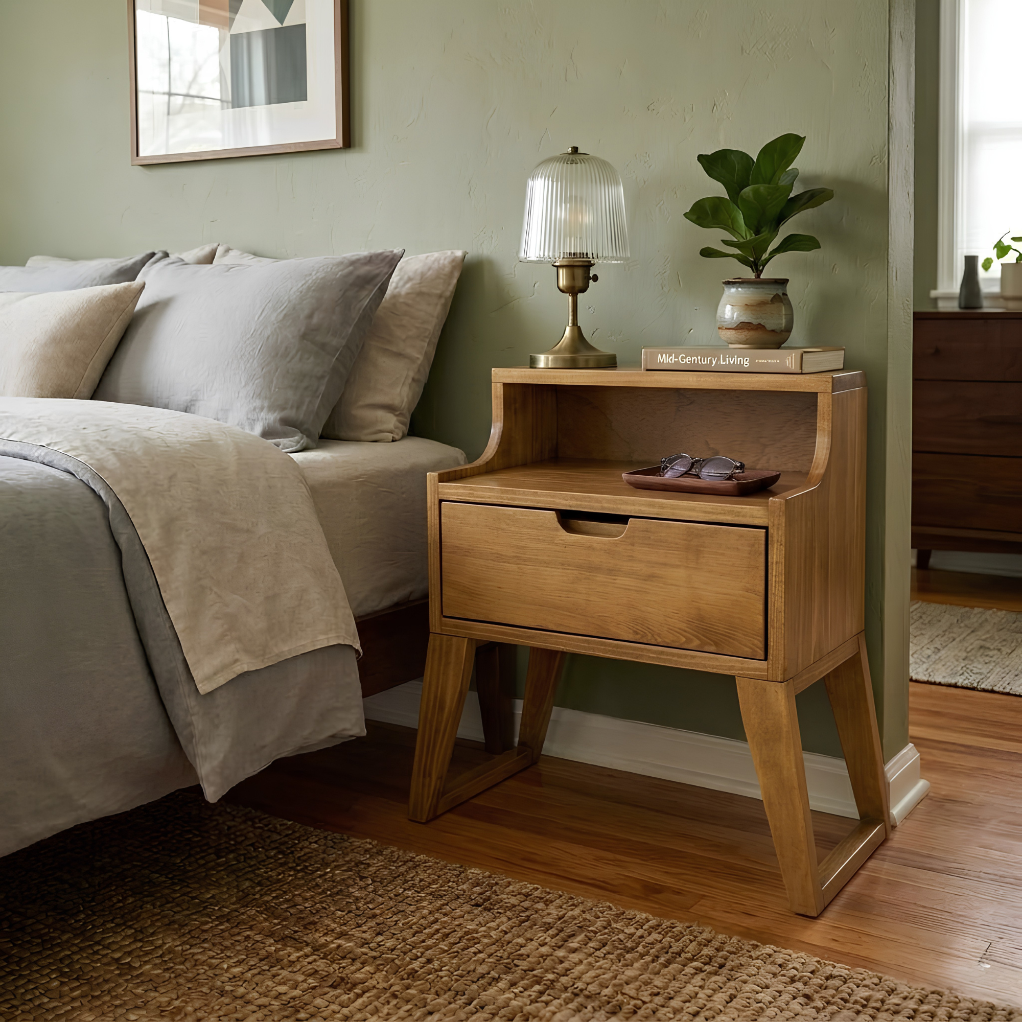 Modern nightstand, wooden side table with a drawer and open shelf for the bedroom