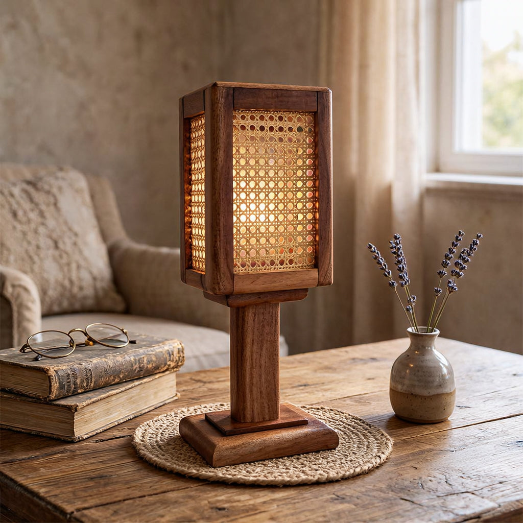 Lámpara de Mesa Artesanal de Madera y Ratán Natural