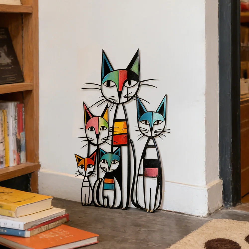 Colorful Cat Metal Wall Art Decor Door Hanging Frame Corner Iron Window Living Room Pet Theme Sculpture Home Artwork Sign
