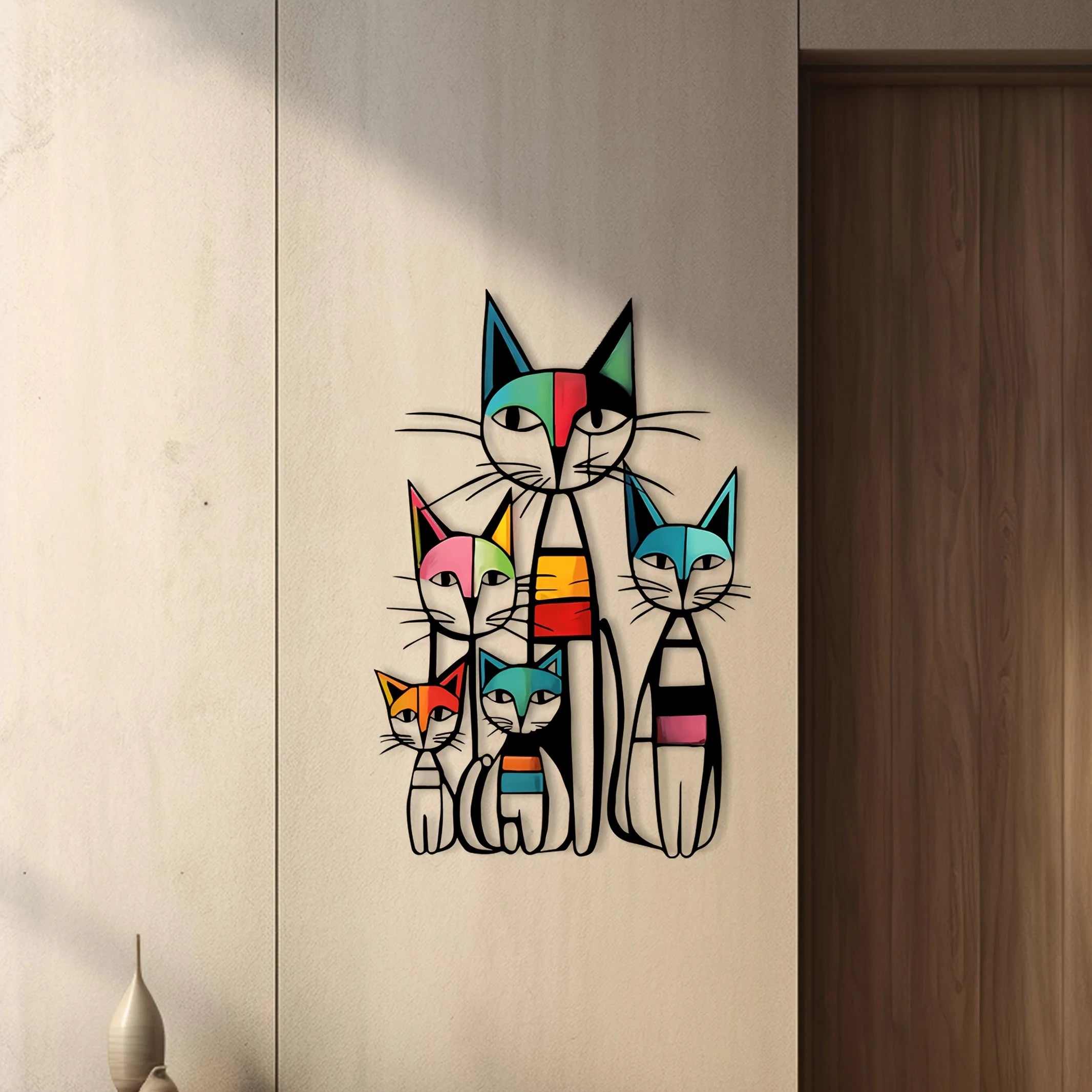 Colorful Cat Metal Wall Art Decor Door Hanging Frame Corner Iron Window Living Room Pet Theme Sculpture Home Artwork Sign
