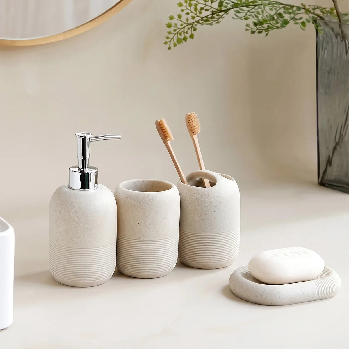 Modern Sandstone Resin Bathroom Accessories Set, 4 Pcs-Includes Lotion Soap Dispenser, Toothbrush Holder, Soap Dish, and Tumbler
