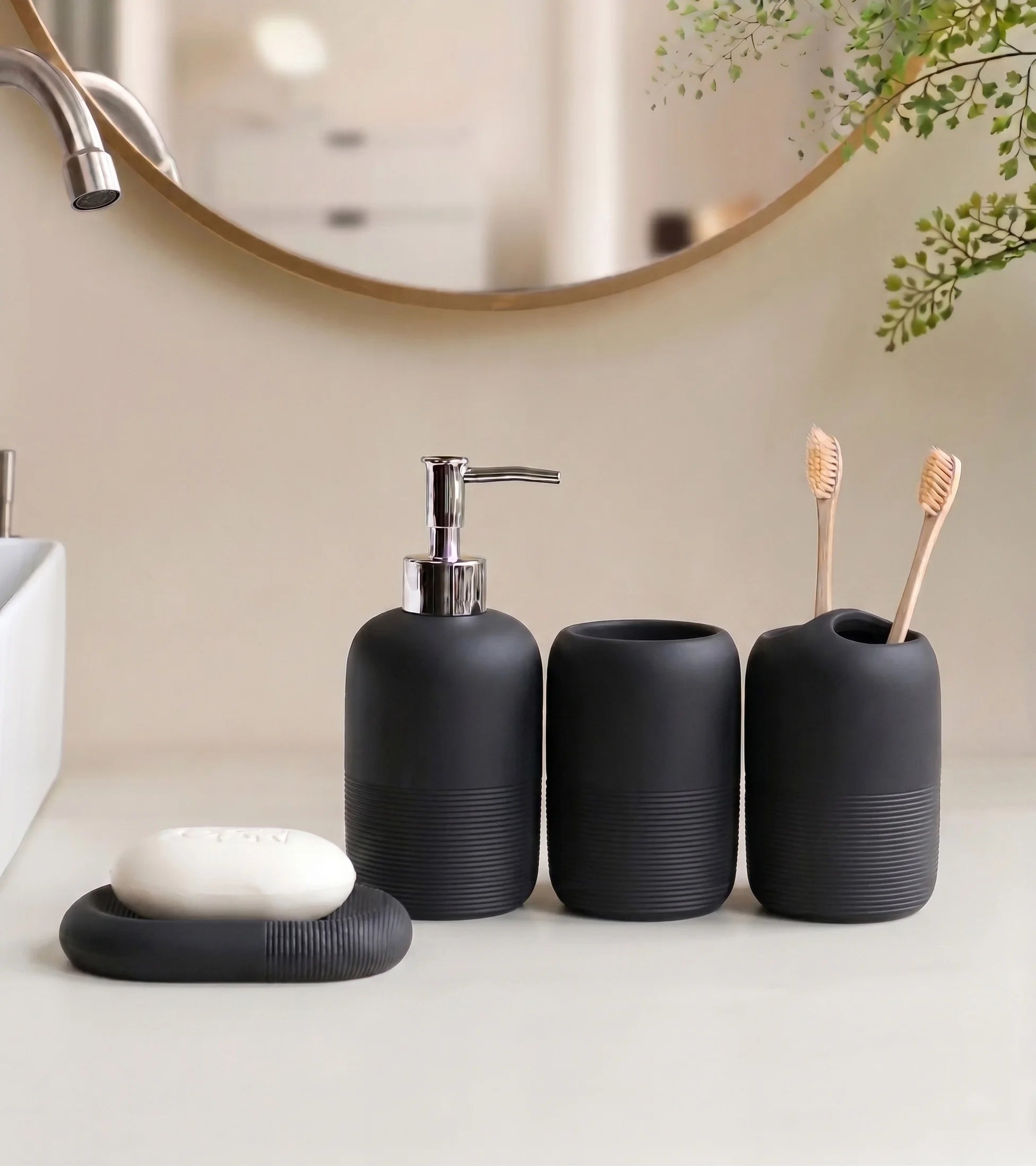 Modern Sandstone Resin Bathroom Accessories Set, 4 Pcs-Includes Lotion Soap Dispenser, Toothbrush Holder, Soap Dish, and Tumbler