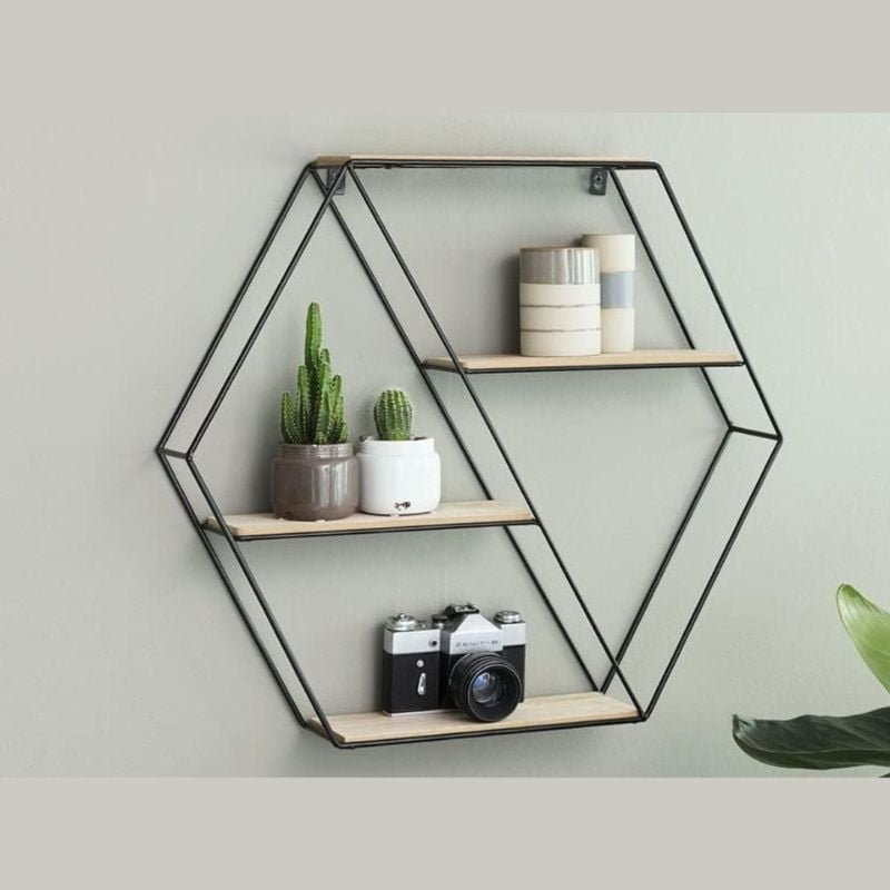 Estante Flotante de Pared Hexagonal 4 Niveles de Madera