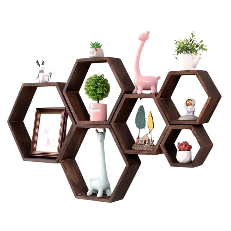 5pcs Estantes Flotantes Hexagonales - Almacenamiento De Madera