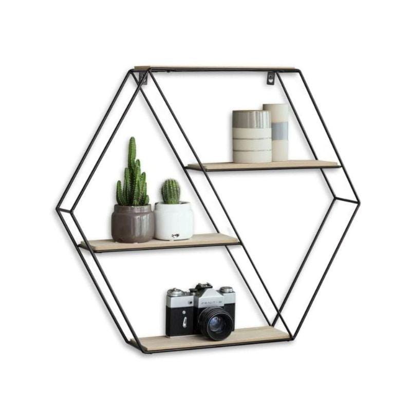 Estante Flotante de Pared Hexagonal 4 Niveles de Madera