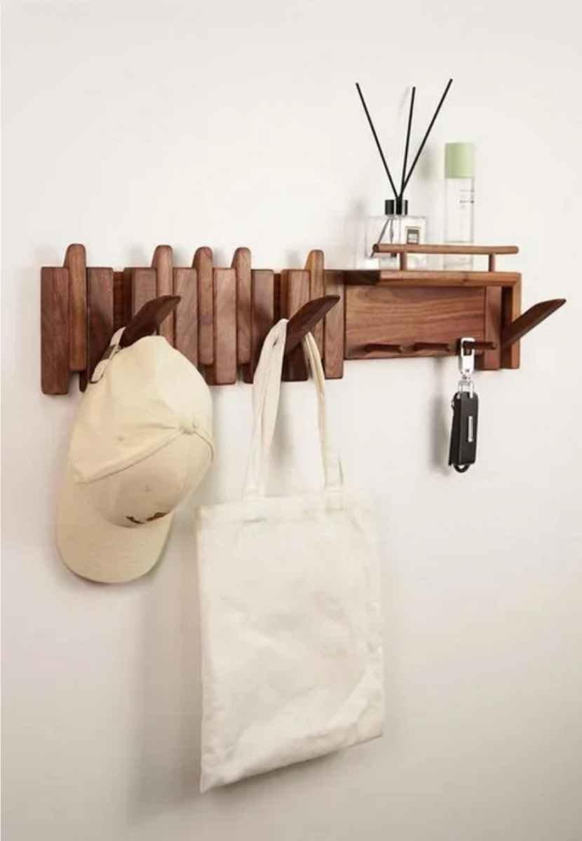 Solid wood piano-shaped coat rack with shelf - Image 6